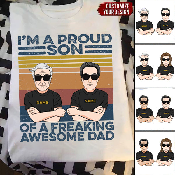 I'm A Proud Son Of A Freaking Awesome Dad - Personalized Shirt - Man And Son Fistbump