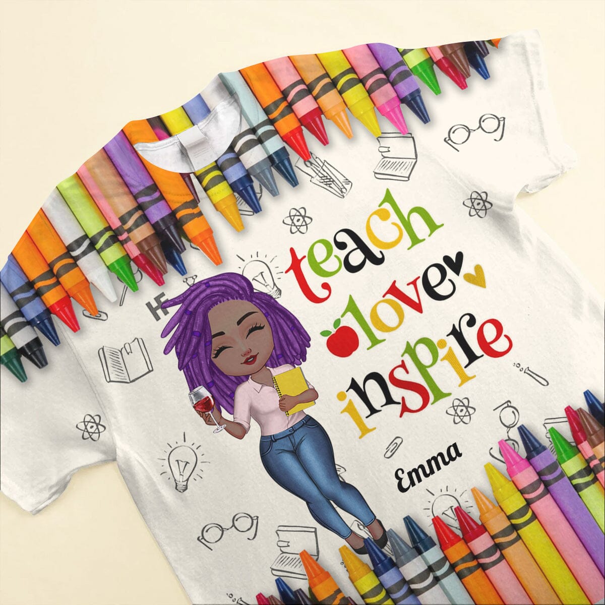 Personalized Colorful Crayon Teach Love Inspire Cute Pretty Doll Teacher  3D T-shirt