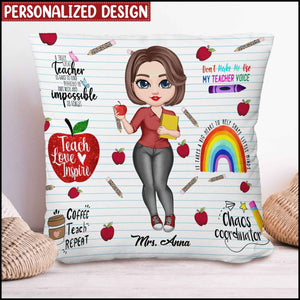 Teach Love Inspire Pretty Doll Teacher Counselor Educator Personalized Pillow Perfect Teacher's Day Gift