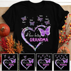 I Love Being Nana Heart With Butterflies Personalized Shirt For Grandma