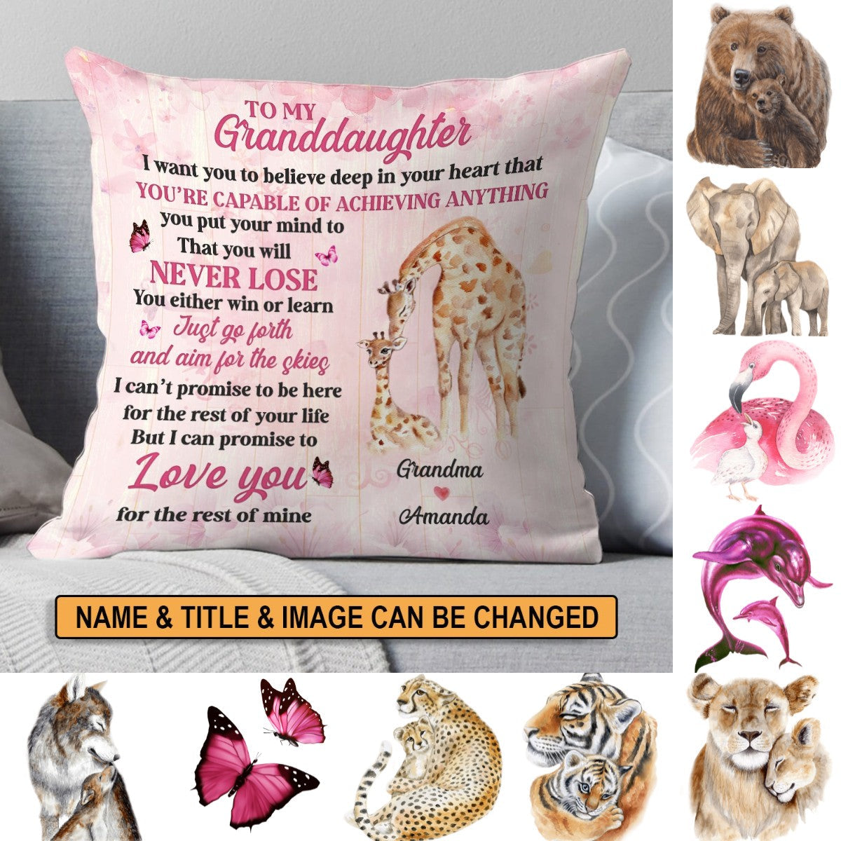 Personalized Animal Granddaughter Grandma Grandpa Hug This Pillow