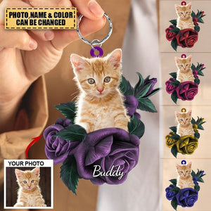 Personalized Upload Photo Pet In Purple Rose Acrylic Flat Keychain - Gift For Pet Lovers