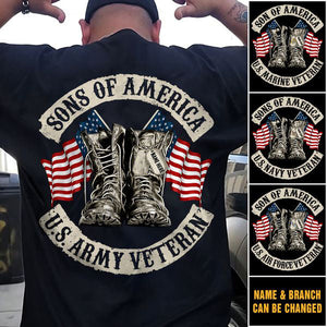 Sons Of America U.S. Veteran Combat Boots and Flag Personalized Branch Name T-shirt