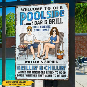 Welcome To Our Poolside Bar & Grill - Couple Personalized Custom Home Decor Metal Sign - House Warming Gift For Husband Wife, Anniversary