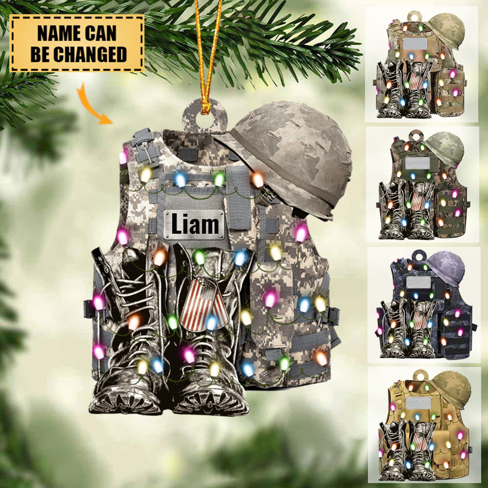 Military Uniform Boots & Helmet Personalized Christmas Ornament