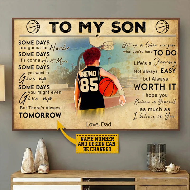 To My Son - Personalized Basketball Poster, Vintage Style,Gift For A Basketball Player With Custom Name, Number & Appearance