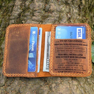 To My Grandson -You Will Never Lose- Leather Bifold Wallet