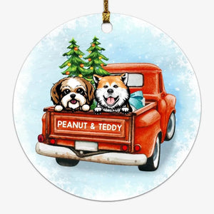 Peeking Dogs Red Truck Christmas Personalized Circle Ornament