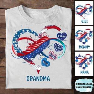 Grandma/Mom And Grandkids Hearts American Flag T-Shirt