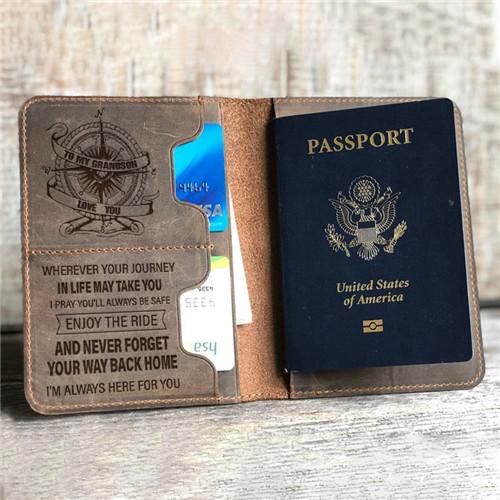 To My Grandson - Enjoy The Ride - Genuine Leather Passport Wallet