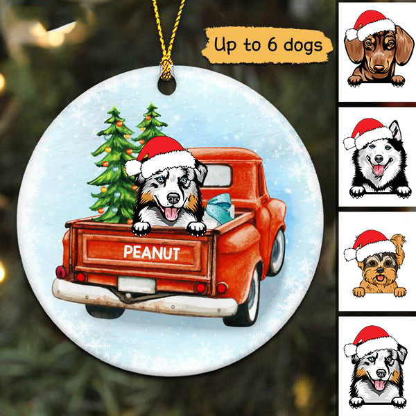 Peeking Dogs Red Truck Christmas Personalized Circle Ornament