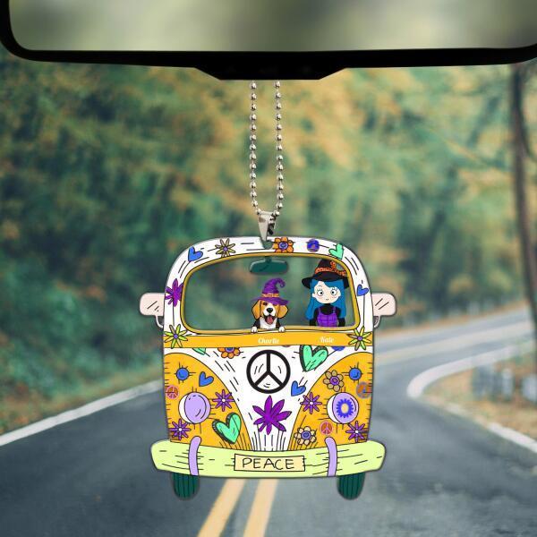Girl Travel In Hippie Car With Dog Halloween Version Personalized Car Hanging