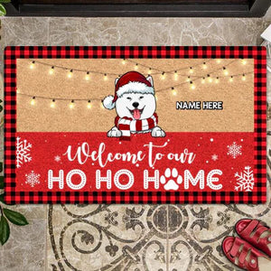 Christmas Front Door Mat, Gifts For Dog Lovers, Welcome To Our Ho Ho Home Personalized Doormat