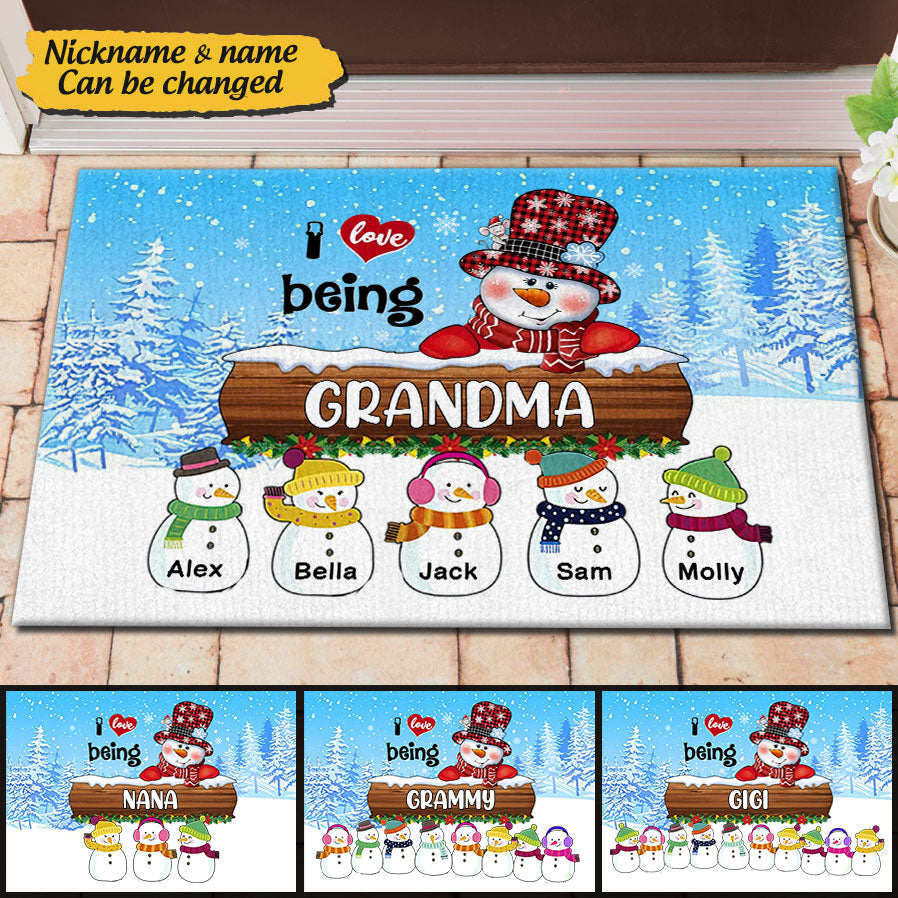 Christmas Snowman Grandma- Mom With Snowmies, I Love Being A Nana Personalized Doormat