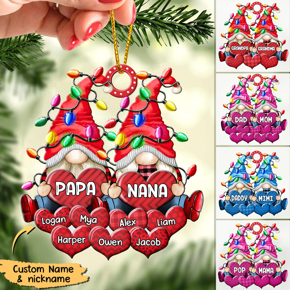 Colorful Christmas Light dwarf Couple Papa Grandma Nana Daddy Loves Sweet Heart Kids Personalized Ornament