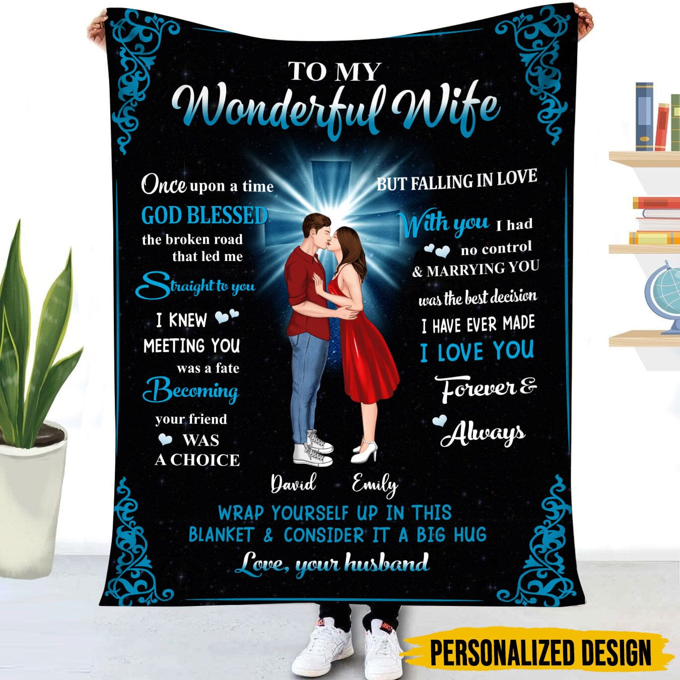 To My Wonderful Wife Personalized Kissing Couple Christian Cross Fleece and Sherpa Blanket