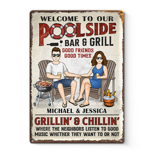 Welcome To Our Poolside Bar & Grill - Couple Personalized Custom Home Decor Metal Sign - House Warming Gift For Husband Wife, Anniversary