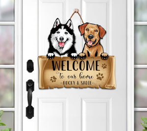 Dogs Welcome Door Hanger, Door Hanger, Best Gift for Dog Lover (Multiple Dogs)  - Cut Metal Sign